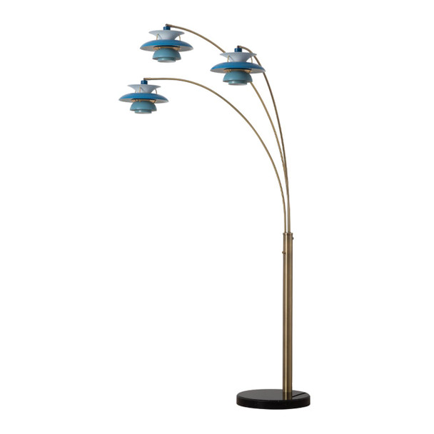 Nova of California Palm Springs 84" 3 Light Arc Lamp In Weathered Brass And Bluetone Shades With Dimmer Switch 3-Light