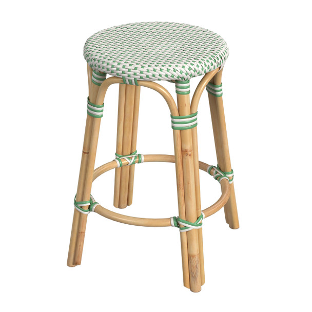 Tobias 24" White And Green Rattan Round Counter Stool