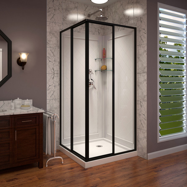 Dreamline Cornerview 36 In. D X 36 In. W X 76 3/4 In. H Framed Sliding Shower Enclosure, Shower Base And Qwall-4 Acrylic Backwall Kit - DL-6150-01