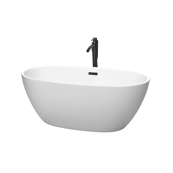 Juno 59 Inch Freestanding Bathtub In Matte White With Floor Mounted Faucet, Drain And Overflow Trim In Matte Black