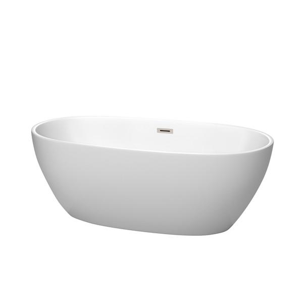 Juno 63 Inch Freestanding Bathtub In Matte White With Brushed Nickel Drain And Overflow Trim