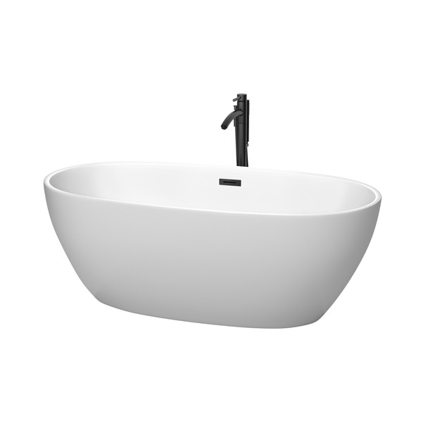 Juno 63 Inch Freestanding Bathtub In Matte White With Floor Mounted Faucet, Drain And Overflow Trim In Matte Black