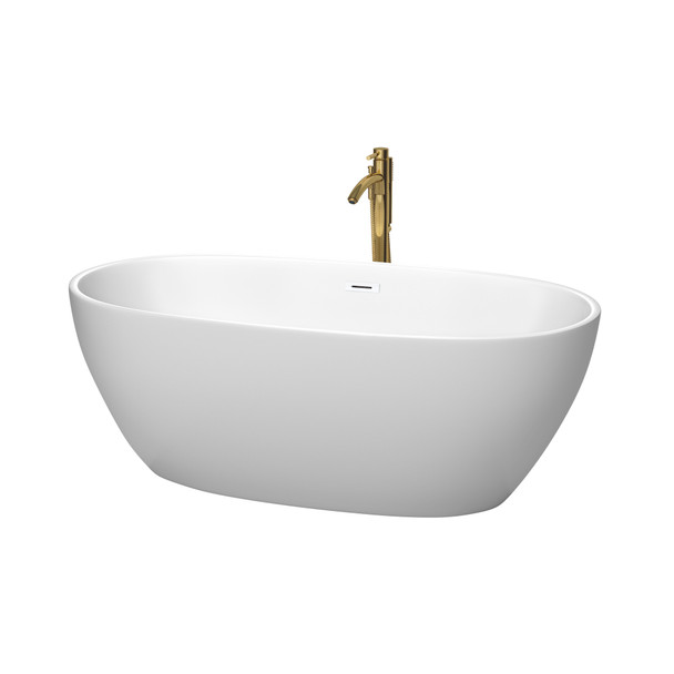 Juno 63 Inch Freestanding Bathtub In Matte White With Shiny White Trim And Floor Mounted Faucet In Brushed Gold