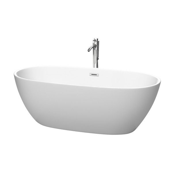 Juno 67 Inch Freestanding Bathtub In Matte White With Floor Mounted Faucet, Drain And Overflow Trim In Polished Chrome