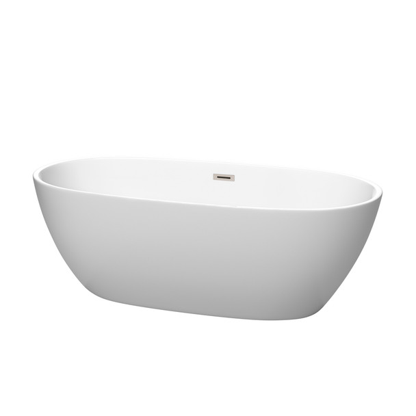 Juno 67 Inch Freestanding Bathtub In Matte White With Brushed Nickel Drain And Overflow Trim