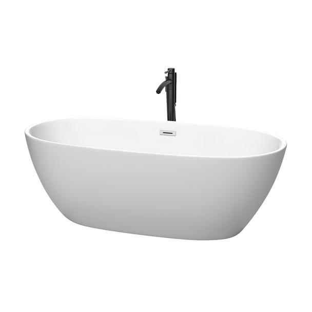 Juno 67 Inch Freestanding Bathtub In Matte White With Polished Chrome Trim And Floor Mounted Faucet In Matte Black