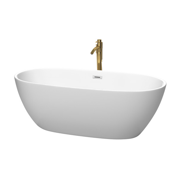 Juno 67 Inch Freestanding Bathtub In Matte White With Polished Chrome Trim And Floor Mounted Faucet In Brushed Gold