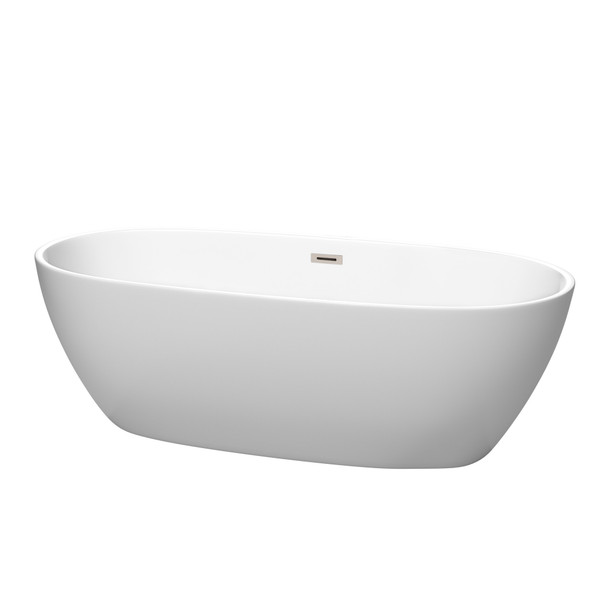 Juno 71 Inch Freestanding Bathtub In Matte White With Brushed Nickel Drain And Overflow Trim