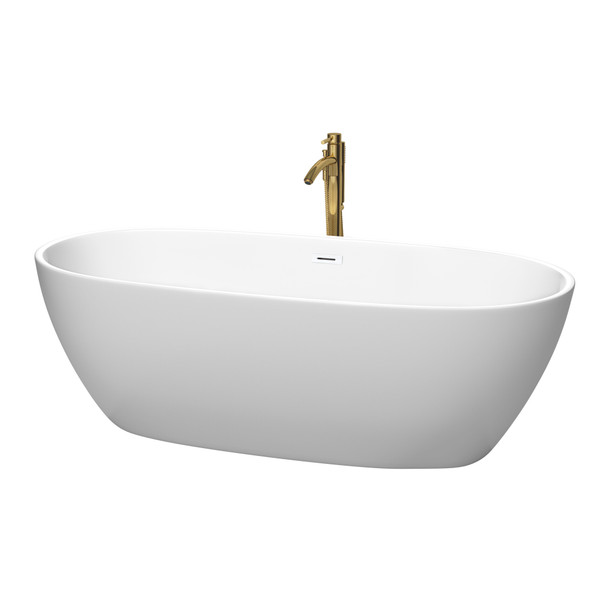 Juno 71 Inch Freestanding Bathtub In Matte White With Shiny White Trim And Floor Mounted Faucet In Brushed Gold