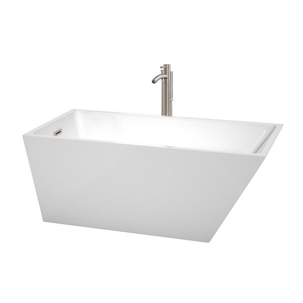 Hannah 59 Inch Freestanding Bathtub In White With Floor Mounted Faucet, Drain And Overflow Trim In Brushed Nickel