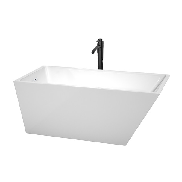 Hannah 59 Inch Freestanding Bathtub In White With Shiny White Trim And Floor Mounted Faucet In Matte Black