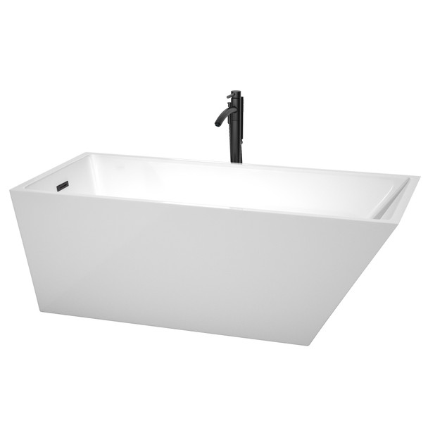 Hannah 67 Inch Freestanding Bathtub In White With Floor Mounted Faucet, Drain And Overflow Trim In Matte Black