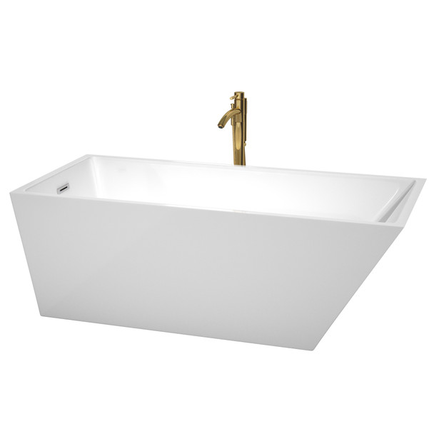 Hannah 67 Inch Freestanding Bathtub In White With Polished Chrome Trim And Floor Mounted Faucet In Brushed Gold