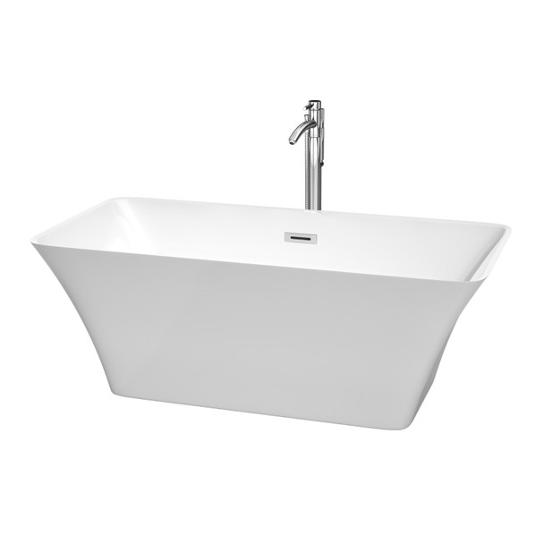 Tiffany 59 Inch Freestanding Bathtub In White With Floor Mounted Faucet, Drain And Overflow Trim In Polished Chrome
