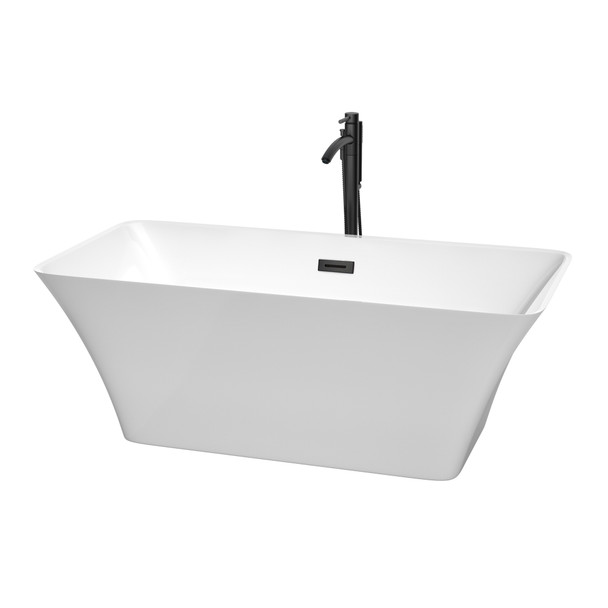 Tiffany 59 Inch Freestanding Bathtub In White With Floor Mounted Faucet, Drain And Overflow Trim In Matte Black