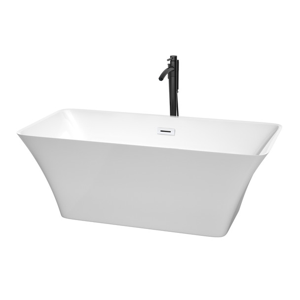 Tiffany 59 Inch Freestanding Bathtub In White With Shiny White Trim And Floor Mounted Faucet In Matte Black