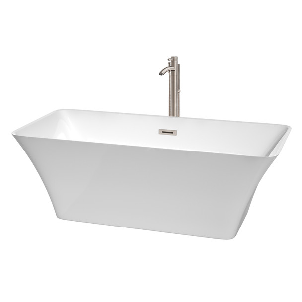 Tiffany 67 Inch Freestanding Bathtub In White With Floor Mounted Faucet, Drain And Overflow Trim In Brushed Nickel