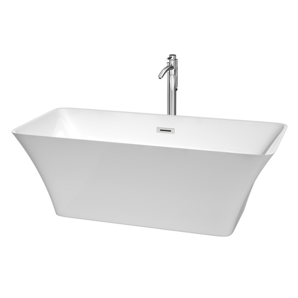 Tiffany 67 Inch Freestanding Bathtub In White With Floor Mounted Faucet, Drain And Overflow Trim In Polished Chrome
