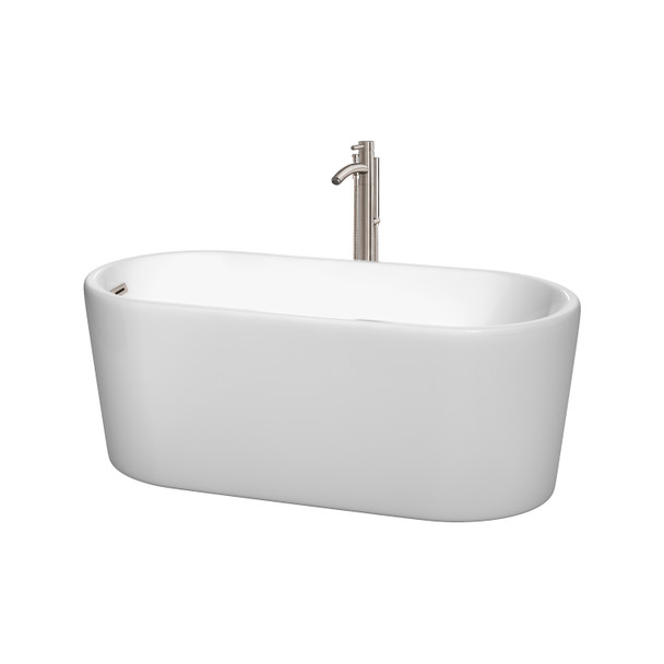 Ursula 59 Inch Freestanding Bathtub In White With Floor Mounted Faucet, Drain And Overflow Trim In Brushed Nickel