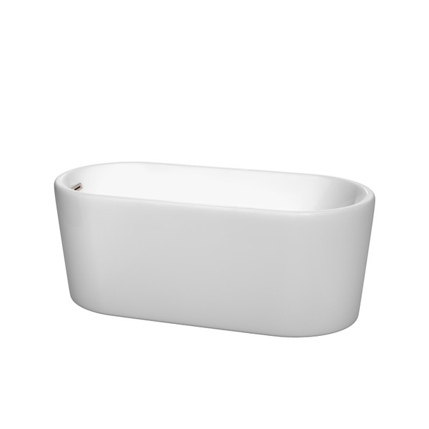 Ursula 59 Inch Freestanding Bathtub In White With Brushed Nickel Drain And Overflow Trim