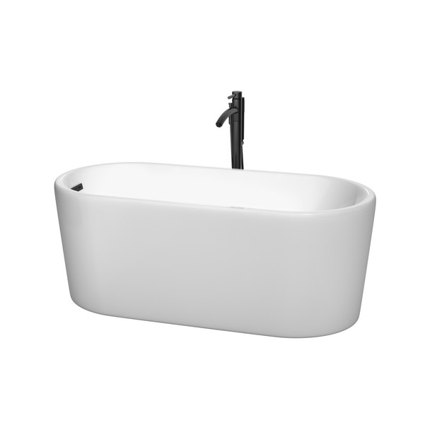 Ursula 59 Inch Freestanding Bathtub In White With Floor Mounted Faucet, Drain And Overflow Trim In Matte Black