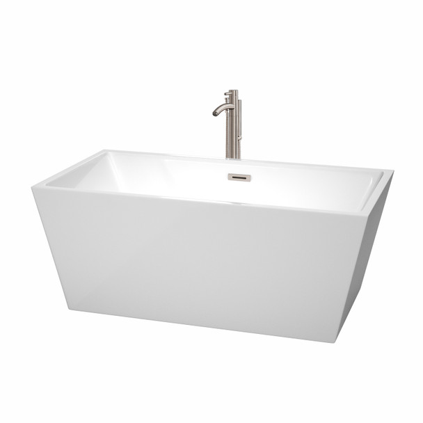 Sara 59 Inch Freestanding Bathtub In White With Floor Mounted Faucet, Drain And Overflow Trim In Brushed Nickel