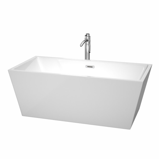 Sara 63 Inch Freestanding Bathtub In White With Floor Mounted Faucet, Drain And Overflow Trim In Polished Chrome