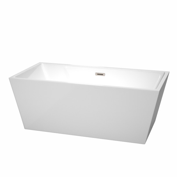 Sara 63 Inch Freestanding Bathtub In White With Brushed Nickel Drain And Overflow Trim