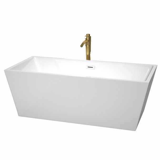 Sara 67 Inch Freestanding Bathtub In White With Shiny White Trim And Floor Mounted Faucet In Brushed Gold