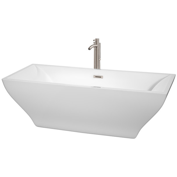 Maryam 71 Inch Freestanding Bathtub In White With Floor Mounted Faucet, Drain And Overflow Trim In Brushed Nickel