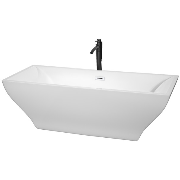 Maryam 71 Inch Freestanding Bathtub In White With Shiny White Trim And Floor Mounted Faucet In Matte Black