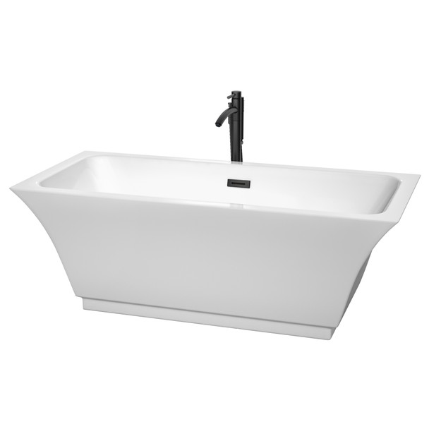 Galina 67 Inch Freestanding Bathtub In White With Floor Mounted Faucet, Drain And Overflow Trim In Matte Black