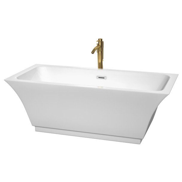 Galina 67 Inch Freestanding Bathtub In White With Polished Chrome Trim And Floor Mounted Faucet In Brushed Gold