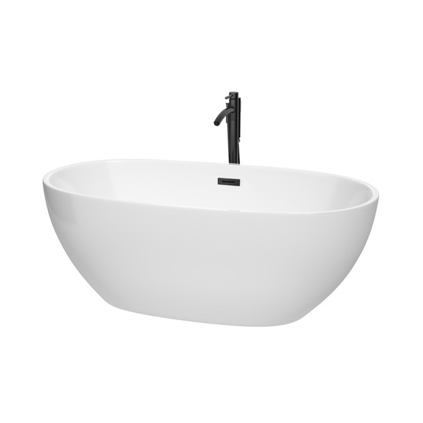 Juno 63 Inch Freestanding Bathtub In White With Floor Mounted Faucet, Drain And Overflow Trim In Matte Black