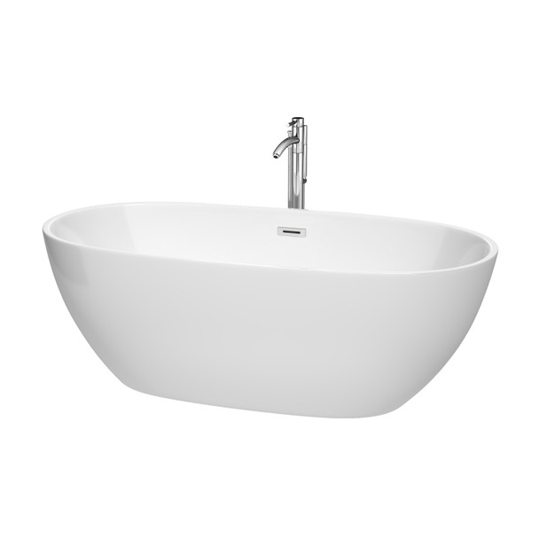 Juno 67 Inch Freestanding Bathtub In White With Floor Mounted Faucet, Drain And Overflow Trim In Polished Chrome