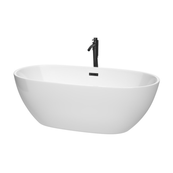 Juno 67 Inch Freestanding Bathtub In White With Floor Mounted Faucet, Drain And Overflow Trim In Matte Black