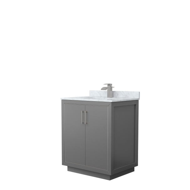 Icon 30 Inch Single Bathroom Vanity In Dark Gray, White Carrara Marble Countertop, Undermount Square Sink, Brushed Nickel Trim