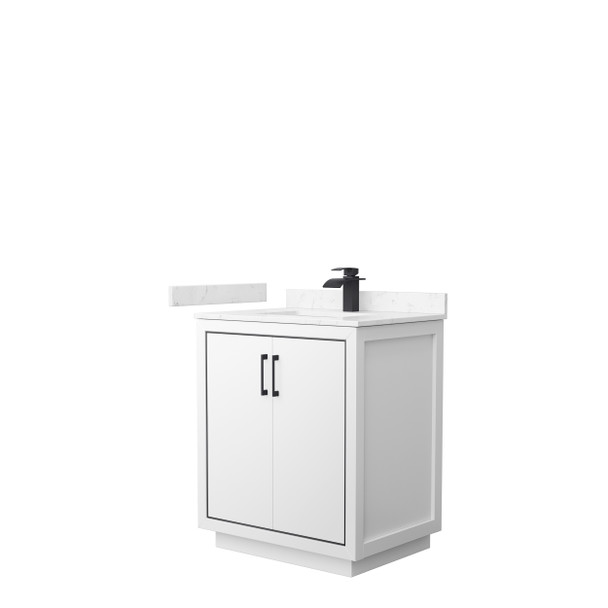 Icon 30 Inch Single Bathroom Vanity In White, Carrara Cultured Marble Countertop, Undermount Square Sink, Matte Black Trim