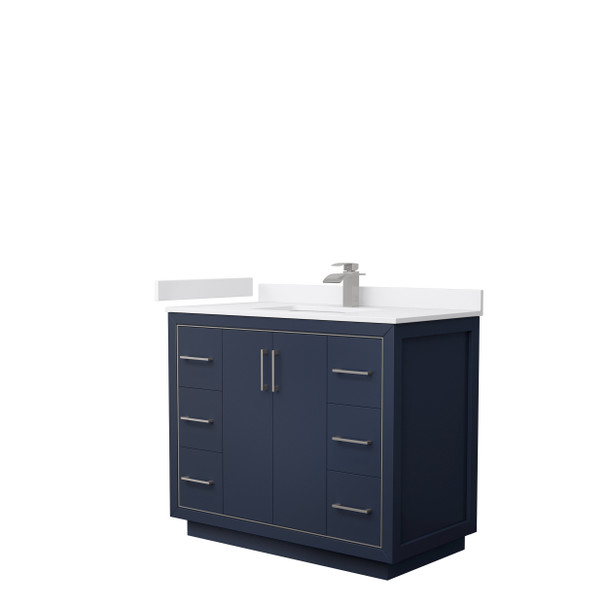 Icon 42 Inch Single Bathroom Vanity In Dark Blue, White Cultured Marble Countertop, Undermount Square Sink, Brushed Nickel Trim