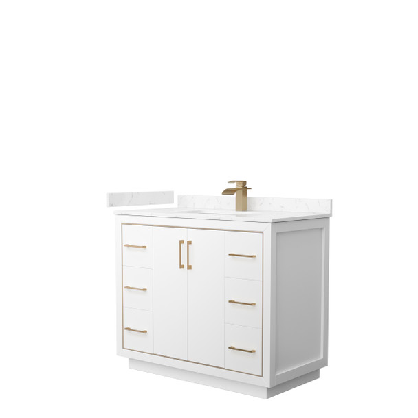 Icon 42 Inch Single Bathroom Vanity In White, Carrara Cultured Marble Countertop, Undermount Square Sink, Satin Bronze Trim