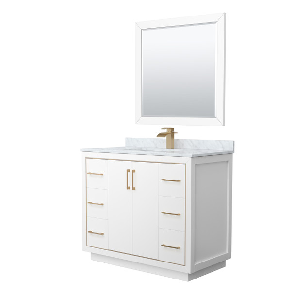 Icon 42 Inch Single Bathroom Vanity In White, White Carrara Marble Countertop, Undermount Square Sink, Satin Bronze Trim, 34 Inch Mirror