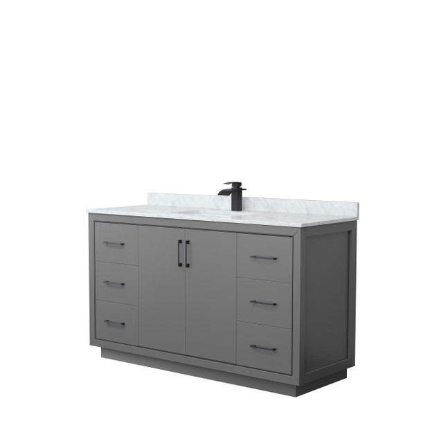 Icon 60 Inch Single Bathroom Vanity In Dark Gray, White Carrara Marble Countertop, Undermount Square Sink, Matte Black Trim
