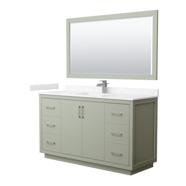 Icon 60 Inch Single Bathroom Vanity In Light Green, Carrara Cultured Marble Countertop, Undermount Square Sink, Brushed Nickel Trim, 58 Inch Mirror