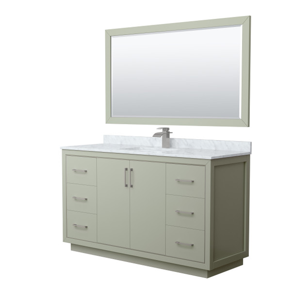Icon 60 Inch Single Bathroom Vanity In Light Green, White Carrara Marble Countertop, Undermount Square Sink, Brushed Nickel Trim, 58 Inch Mirror