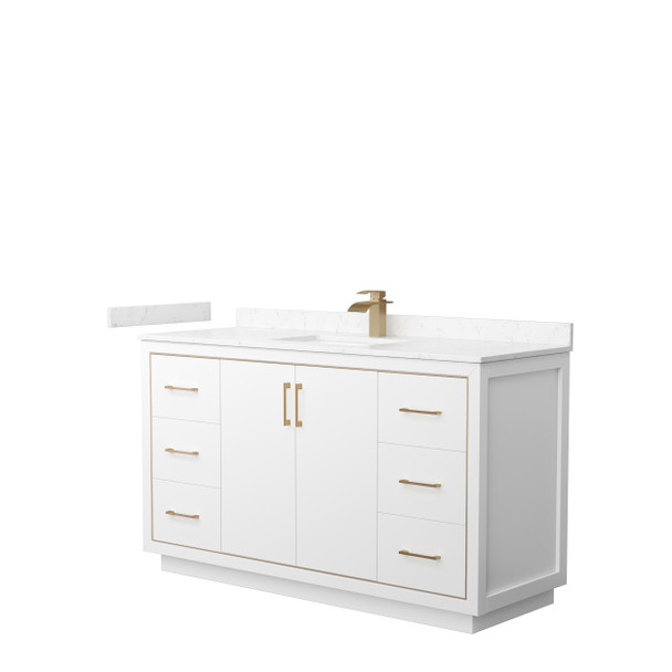Icon 60 Inch Single Bathroom Vanity In White, Carrara Cultured Marble Countertop, Undermount Square Sink, Satin Bronze Trim