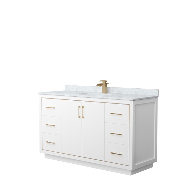 Icon 60 Inch Single Bathroom Vanity In White, White Carrara Marble Countertop, Undermount Square Sink, Satin Bronze Trim