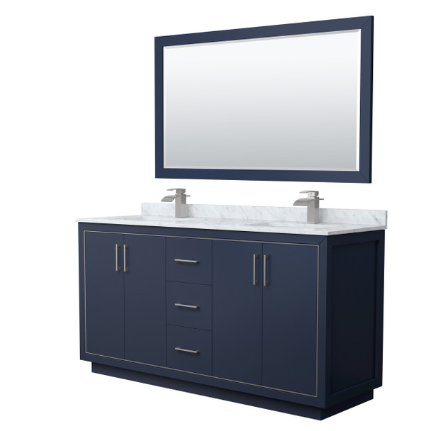 Icon 66 Inch Double Bathroom Vanity In Dark Blue, White Carrara Marble Countertop, Undermount Square Sinks, Brushed Nickel Trim, 58 Inch Mirror