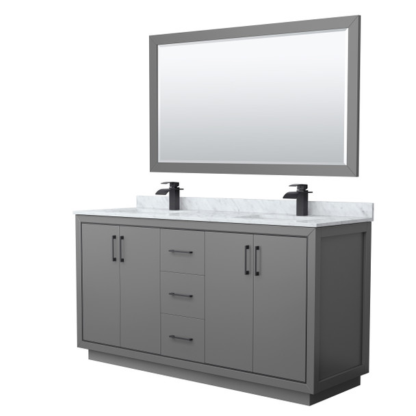 Icon 66 Inch Double Bathroom Vanity In Dark Gray, White Carrara Marble Countertop, Undermount Square Sinks, Matte Black Trim, 58 Inch Mirror