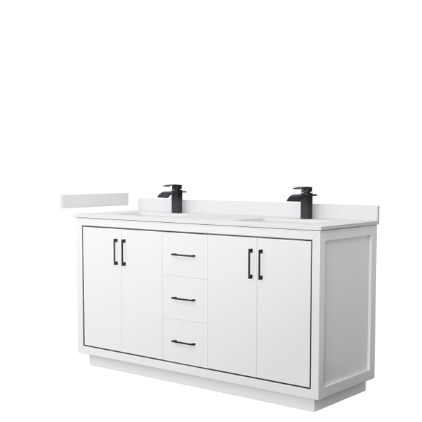 Icon 66 Inch Double Bathroom Vanity In White, White Cultured Marble Countertop, Undermount Square Sinks, Matte Black Trim