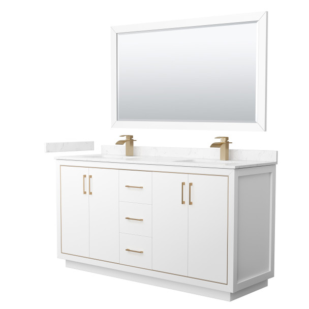 Icon 66 Inch Double Bathroom Vanity In White, Carrara Cultured Marble Countertop, Undermount Square Sinks, Satin Bronze Trim, 58 Inch Mirror